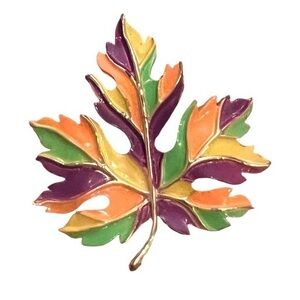 Vintage Estate Colorful Enamel Leaf Brooch Fall Maple Oak Canada Pin Cottagecore
